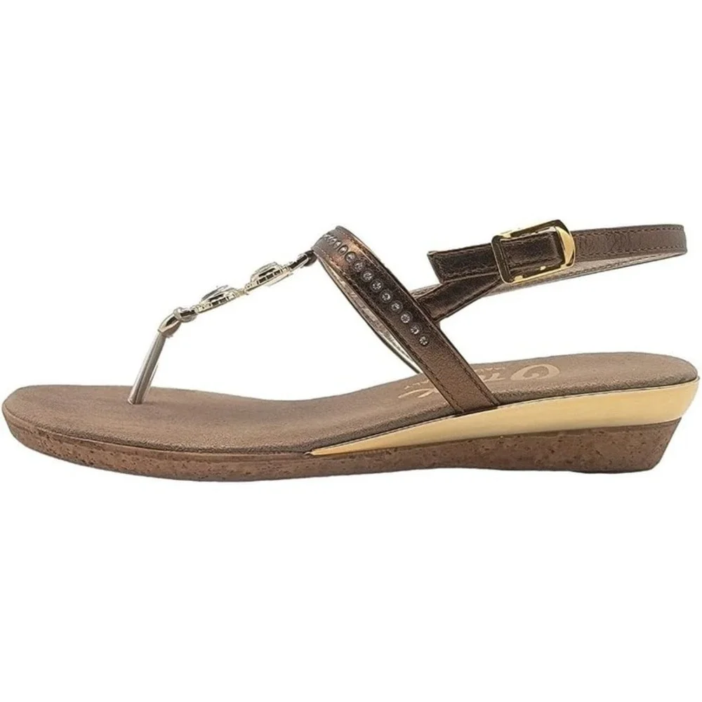 Women's Onex Leather Wedge Slide Sandals Bronze Swarovski Crystal Italy Size 10